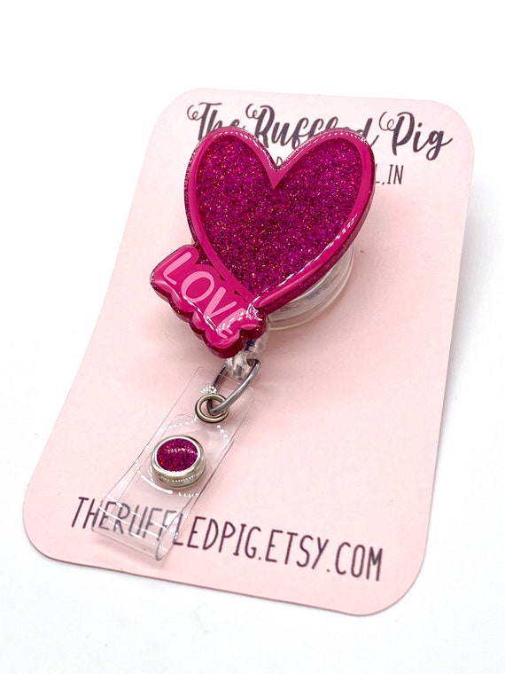 Love Heart Retractable Badge Reel, Valentines Day ID Holder, Pink