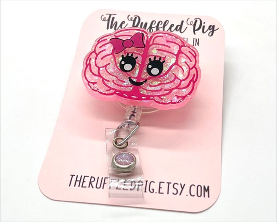 Brain Retractable Badge Reel, Anatomy ID Holder, Pink Glitter RN