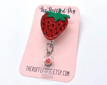 Strawberry Retractable Badge Reel, RN ID Holder, Glitter Nurse Key Card, Spring Time, Summer Fun, Medical Gift, Fruit Accessories, Dietician