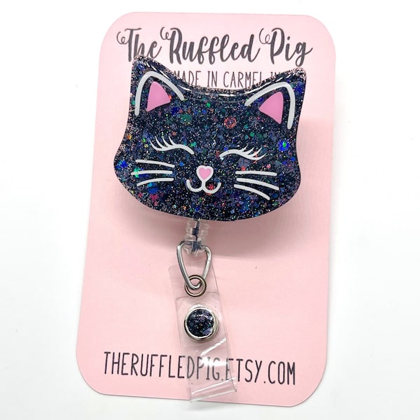 Cute Cat badge reel: Lanyard, clip, carabiner,  Teacher Lanyard, Halloween badge holder, black cat lovers, interchangeable toppers