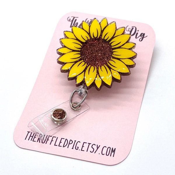 Glitter Sunflower Retractable Badge Reel, Fall ID Clip, Nurse ID Holder, Summer RN Key Card, Flower Badge Pull, School Nurse