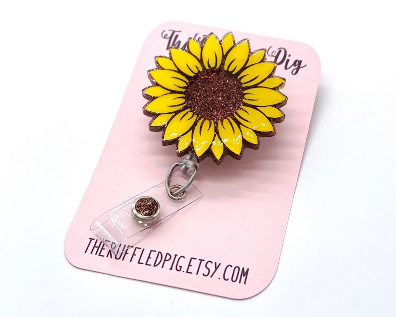 Glitter Sunflower Retractable Badge Reel, Fall ID Clip, Nurse ID Holder, Summer RN Key Card, Flower Badge Pull, School Nurse 