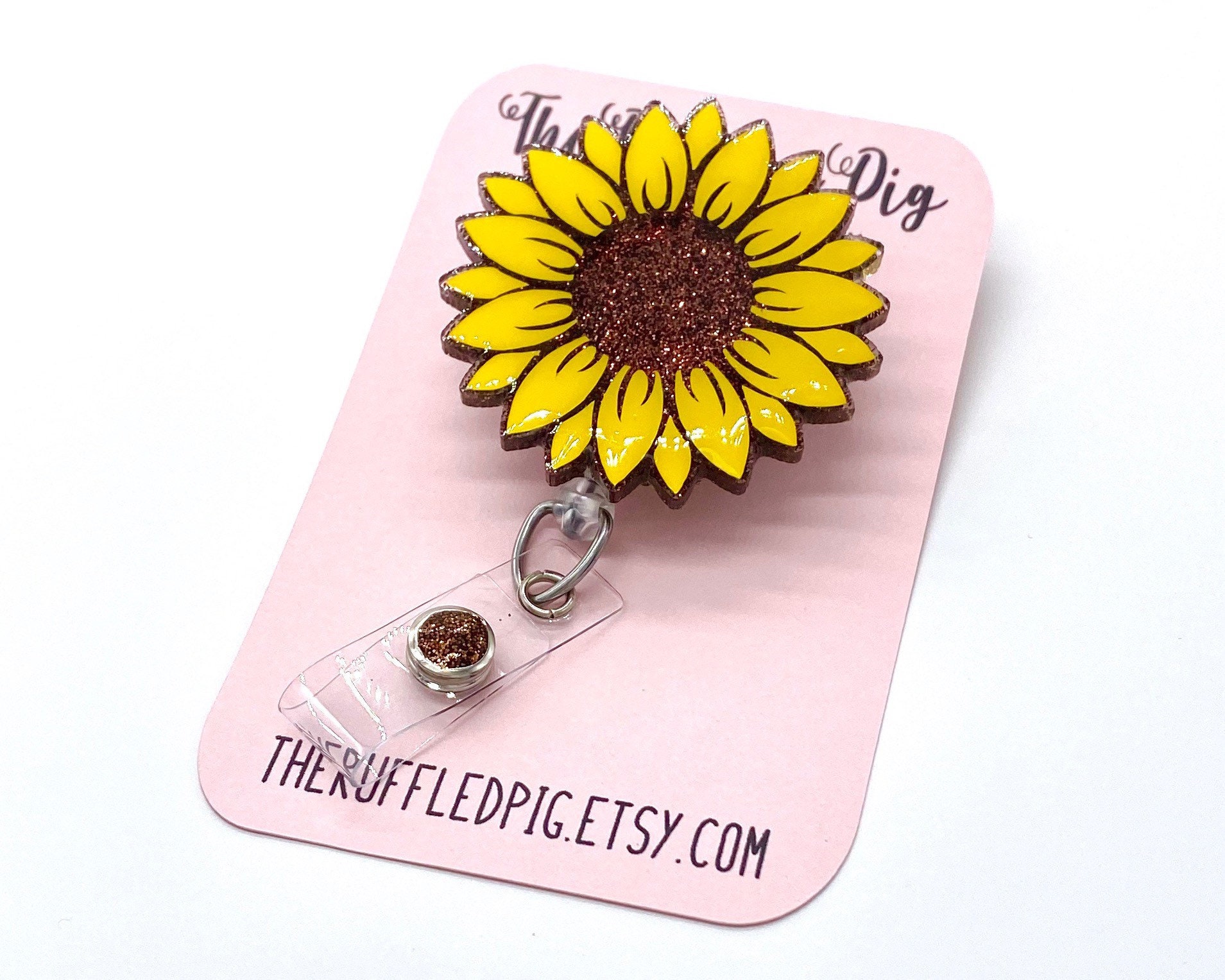 Glitter Sunflower Retractable Badge Reel, Fall ID Clip, Nurse ID