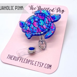 Sea Turtle Retractable Badge Reel, Aloha ID Holder, Beach Girl Glitter RN Key Card, Hospital Nurse Gift, Summer ID Holder, Seaturtle 1. Aquaholic Pink