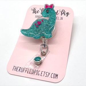 Cute Dino Retractable Badge Reel, Nurse ID Holder, RN Key Card, School Teacher Gift, Pediatrics Office Staff, Dinosaur Roar, Glitter Acrylic