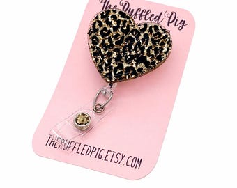 Gold Cheetah Heart Badge Reel: lanyard,  carabiner,  clip, , Valentine gift , Valentines day  interchangeable topper, teacher lanyard