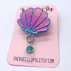 Mermaid Shell Retractable Badge Reel, Holographic Nurse ID Holder, Beach Girl Glitter RN Key Card, Medical Office Gift, Cute Acrylic