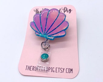 Sea Shell Mermaid Badge Reel: Lanyard, clip, Lanyard, Carabiner, interchangeable topper for healthcare, beach badge holder, teacher lanyard