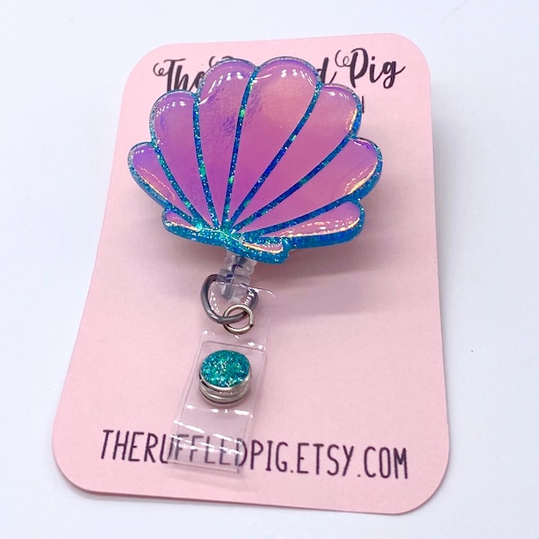 Mermaid Shell Retractable Badge Reel, Holographic Nurse ID Holder, Beach Girl Glitter RN Key Card, Medical Office Gift, Cute Acrylic