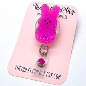 Marshmallow Easter Bunny Pink Retractable Badge Reel, Spring Nurse ID Holder, Acrylic RN  Key Card, School Gift, Pediatrics Office Staff