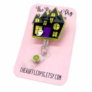 Haunted House Badge Reel: Lanyard, clip, carabiner, Cute badge holder for Halloween, spooky cute, interchangeable topper, teacher lanyard