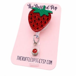 Strawberry Badge Reel: Lanyard - clip - Carabiner - Glitter interchangeable topper - RN ID Holder, Nurse Key Card, teacher lanyard