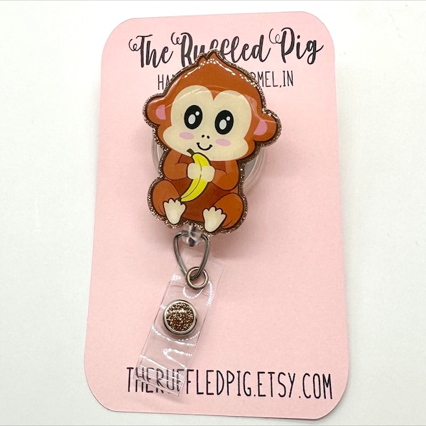 Monkey Retractable Badge Reel, Nurse ID Holder, RN Key Card, Cute Animal Acrylic, Teacher Gift, Baby Monkey Lover, Easy to Clean, Zoo Life