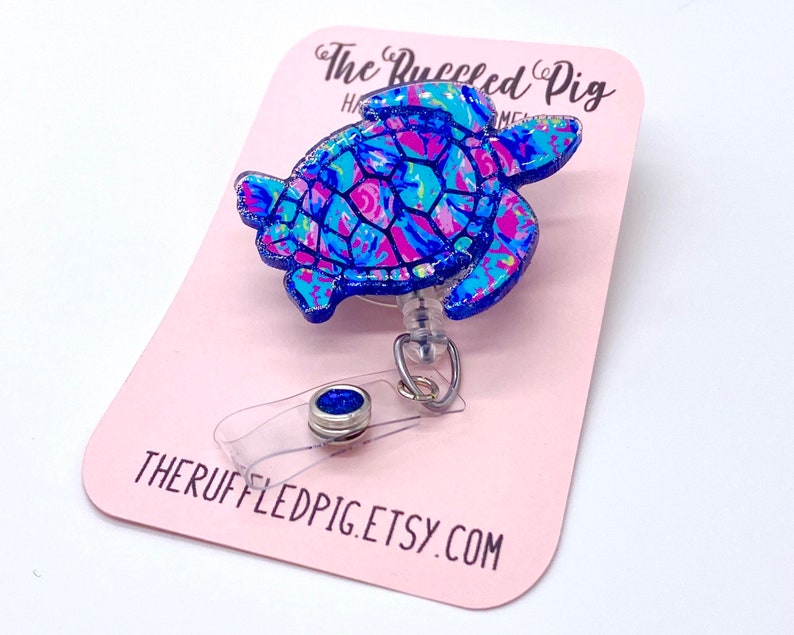 Sea Turtle Retractable Badge Reel, Aloha ID Holder, Beach Girl Glitter RN Key Card, Hospital Nurse Gift, Summer ID Holder, Seaturtle image 1