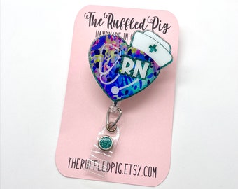 Nurse Heart Hat Retractable Badge Reel, Print ID Holder, Glitter RN Key Card, Hospital Nurse Gift, ID Tag