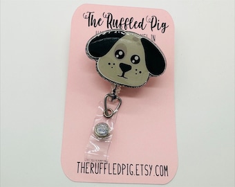 Puppy Dog Retractable Badge Reel, Nurse ID Holder, RN Key Card, Cute Face Acrylic, Teacher Gift, Animal Lover, Vet Life, Easy to Clean