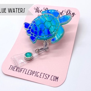 Sea Turtle Retractable Badge Reel, Aloha ID Holder, Beach Girl Glitter RN Key Card, Hospital Nurse Gift, Summer ID Holder, Seaturtle 4. Blue Waters