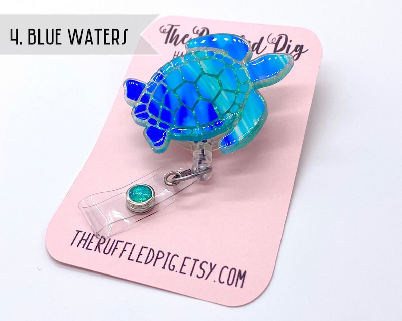 Sea Turtle Retractable Badge Reel, Aloha ID Holder, Beach Girl Glitter RN Key Card, Hospital Nurse Gift, Summer ID Holder, Seaturtle 4. Blue Waters