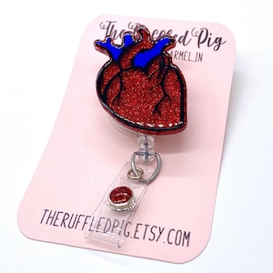 anatomical heart badge reel for cardiology, bloody heart Valentines day badge holder for nurses, cardiac surgeon badge clip retractable