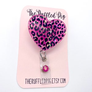 hot pink leopard print Valentine badge topper for nurses, cheetah heart Valentine day badge reel for cardiology, pink coquette badge clip