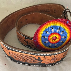 Vintage Southwestern Beaded Leather Belt Size 34 Western Boho Handmade Beaded Leather Belt: Western Aztec Style - Etsy main image 2
