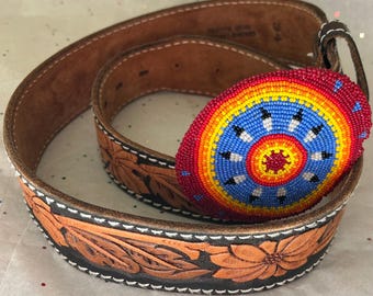 Vintage Wide Native American Seed Bead Belt & Buckle Free  display picture 3