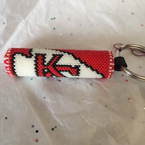 Specialty designer, hand, beaded, kc keychain . Kansas City Chiefs hand beaded keychain, KC key fob. SOLD SEPARATELY
