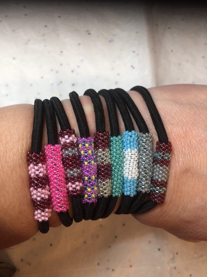 Hand beaded elastic hair tie. Handmade seed bead hair ties. Etsy