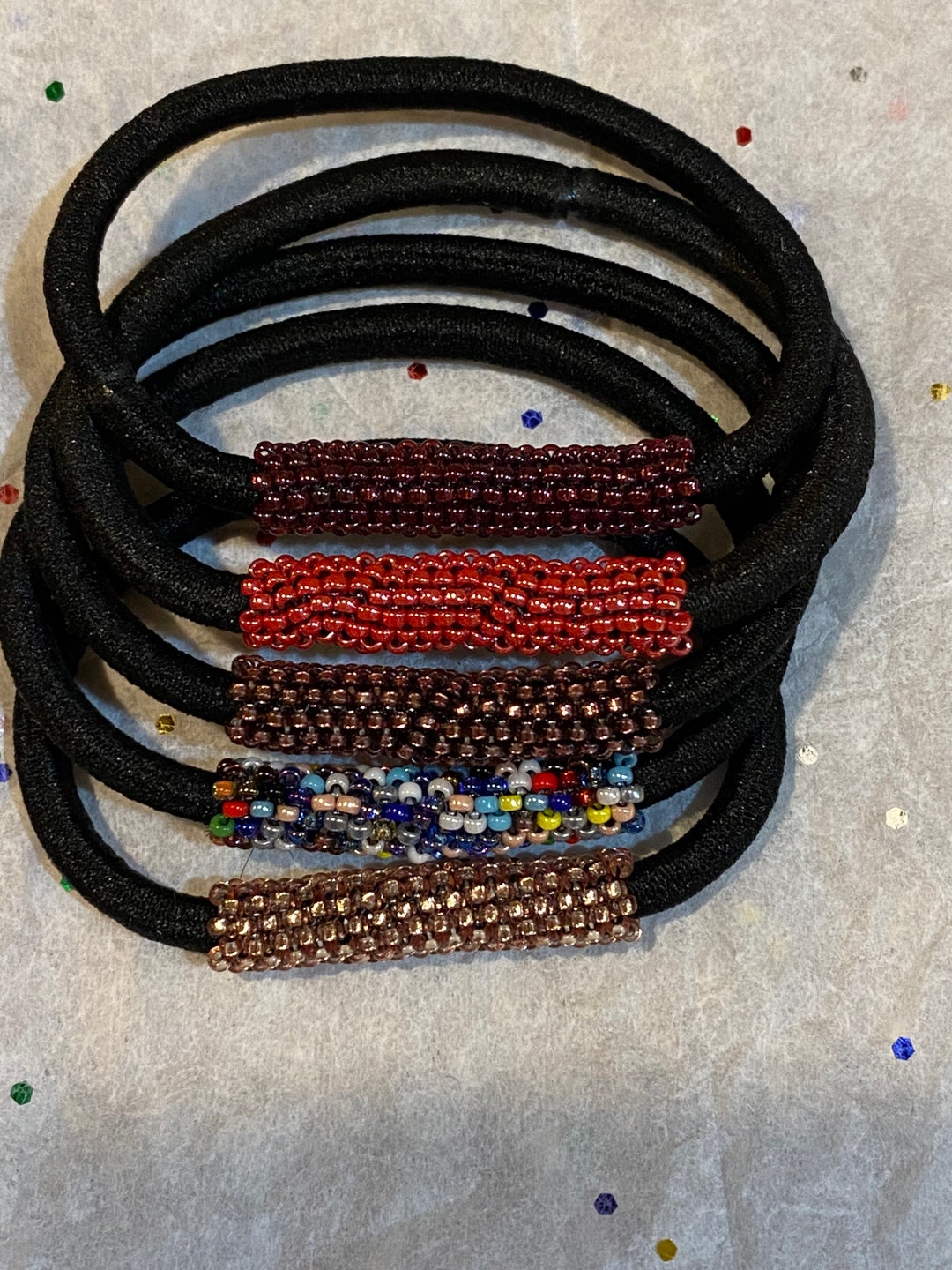 Hand Beaded Elastic Hair Tie. Handmade Seed Bead Hair Ties. Assorted