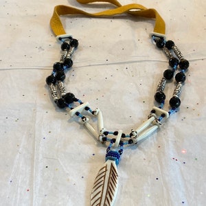 Bone and Amethyst Feather Necklace. Native hand beaded keychain. Native unique gifts. Handmade beaded necklace with leather