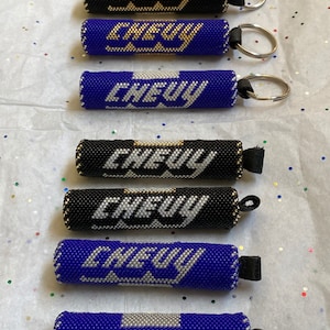 Specialty designer hand beaded Chevy keychain, handmade Chevy keychain, Chevy keychain gift