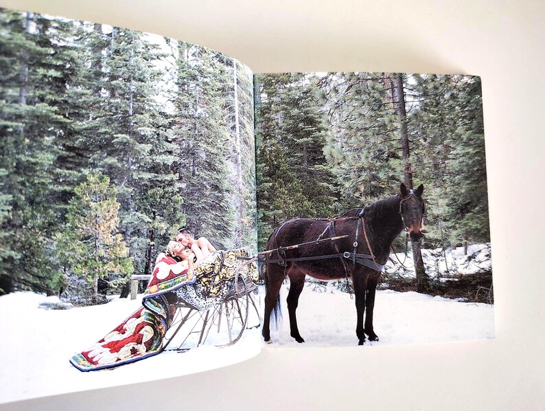 May include: A photograph in an open book showing a dark brown horse harnessed to a metal sleigh in a snowy forest. A person is reclining in the sleigh, covered by a patterned quilt with red, white, and blue colors, surrounded by pine trees.