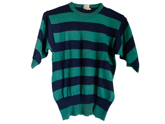 Vintage Salvatore Ferragamo Woman's Green and Blue Striped Short Sleeve Sweater