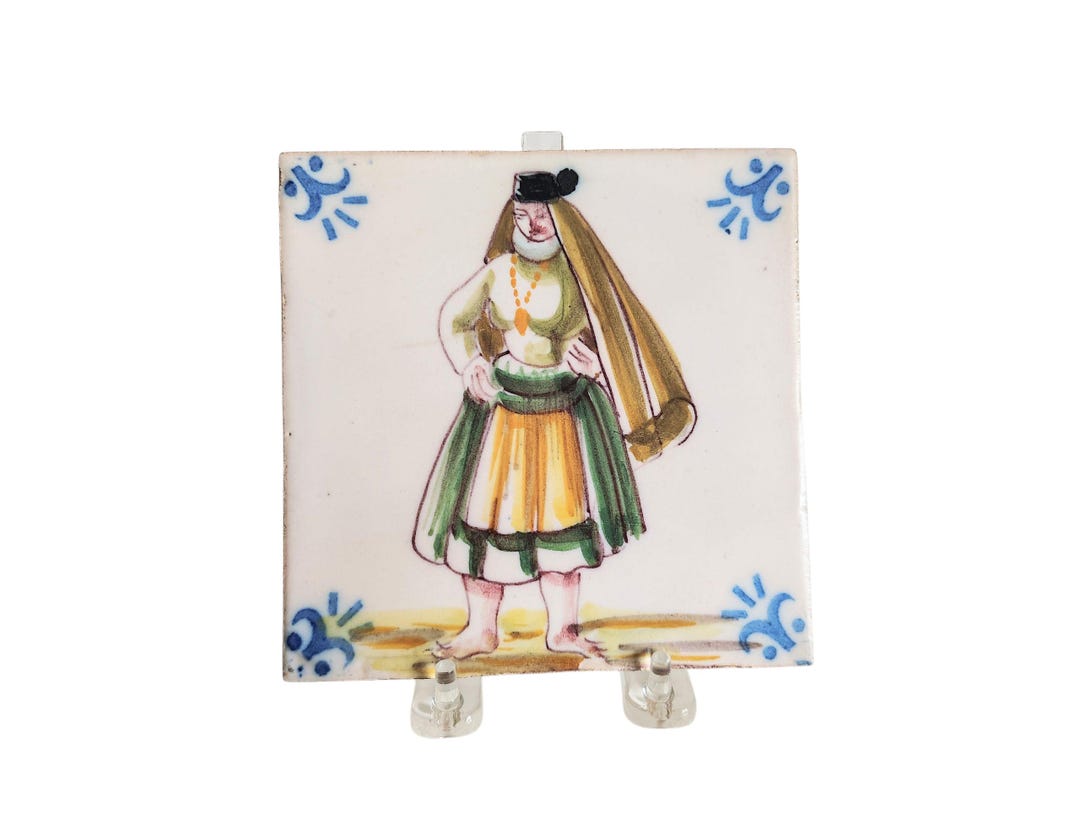 Vintage Folk Art Woman Hand Painted 5 1/2" Square Tile With Lucite ...