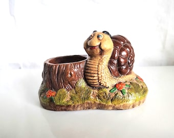 Vintage Chalkware Anthropomorphic Snail Mini Planter/Votive Candle Holder | Whimsical Garden Decor | Cottagecore Accent