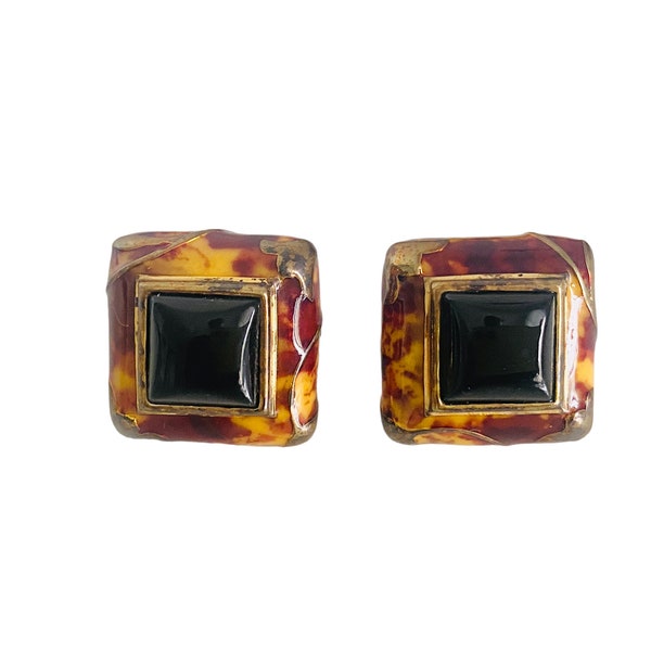 FLLI MENEGATTI Vintage Gold Vermeil 925 Silver Black/Tortoise Enamel Pierced Earrings made in Italy