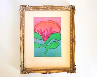1970er Jahre Signierte Nikki Schumann Krokus Blumen Druck im Gold Rahmen, Vintage botanische Kunst | Mid Century Blumen Dekor