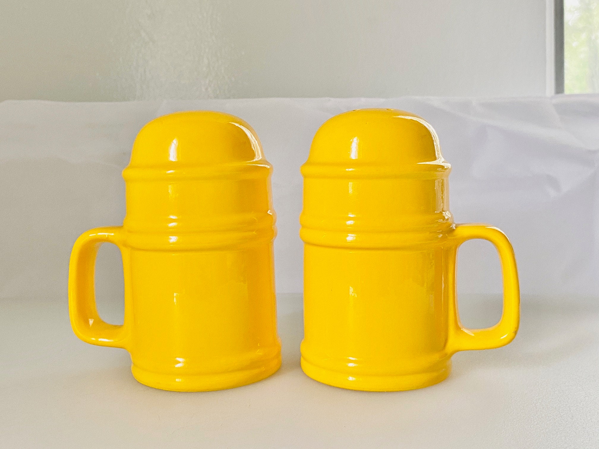 Knobler Bright Yellow Mid Century Salt and Pepper Shakers from Etsy
