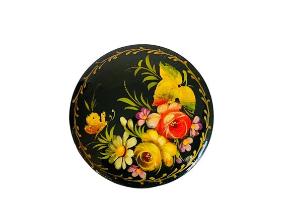 Vintage Russian Hand Painted Floral Black Lacquer… - image 1