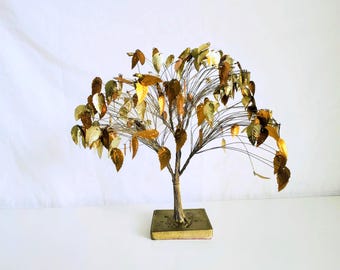 Mid Century Gold Silver Leaf Dream Tree Sculpture, Feng Shui Decor, Boho Home Decor, Meditation Gift, Spiritual Decor