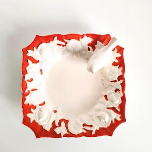 Antique 1920s Moriyama Mori-Machi Bird Trinket Tray Japan Orange Cream White Pottery Dish Hand Painted Vanity Catchall