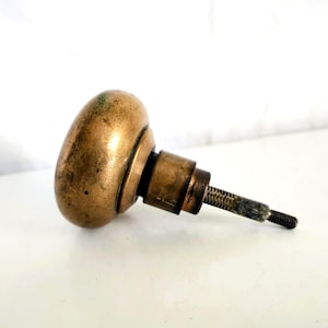 May include: An antique brass door knob with an oval shape. The knob has a tarnished, aged appearance, with a threaded rod extending from the back. The hardware is likely vintage and suitable for restoration projects.