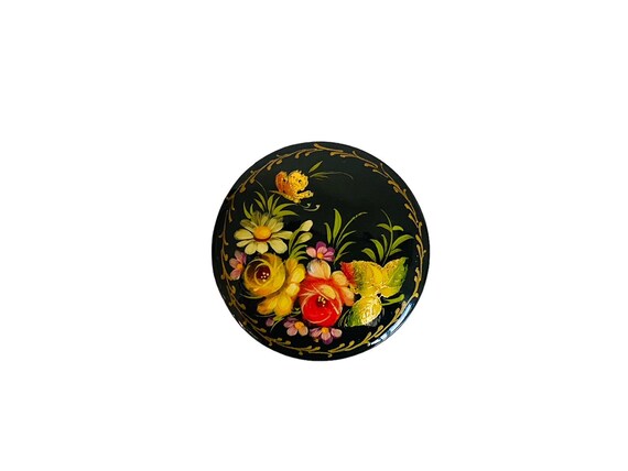 Vintage Russian Hand Painted Floral Black Lacquer… - image 2