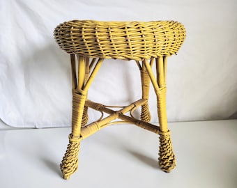 Vintage Yellow Rattan Wicker Foot Stool Side Table | Boho Coastal Decor | Woven Natural Fiber Accent Table | Retro Cottage Chic Furniture