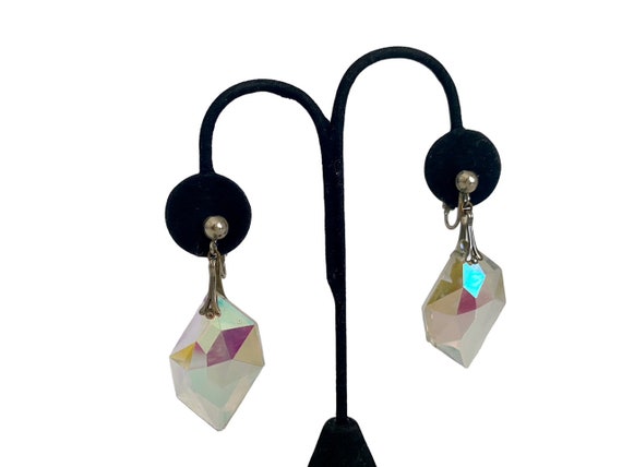 Vintage Iridescent Dangle Crystal Clip On Earrings - image 4