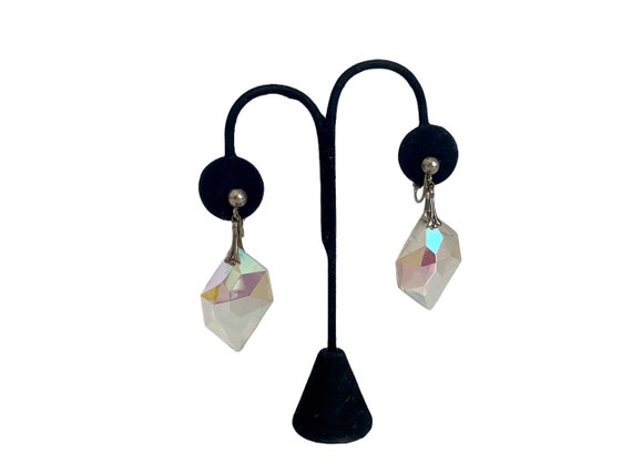 Vintage Iridescent Dangle Crystal Clip On Earrings - image 1