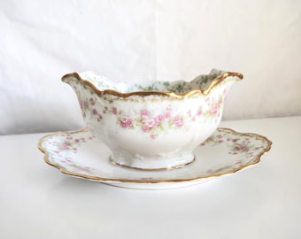 Antique Elite Works Limoges Gravy Boat w/ Attached Underplate Pink Floral Gold Trim France Porcelain Serving Dish