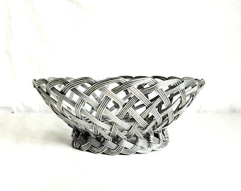 Vintage Aluminum Woven Metal Basket | Handwoven Aluminum Art Bowl | Mid Century Modern Decorative Basket | Sculptural Decor
