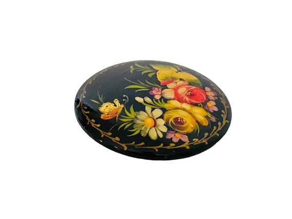 Vintage Russian Hand Painted Floral Black Lacquer… - image 3