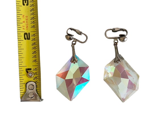 Vintage Iridescent Dangle Crystal Clip On Earrings - image 6